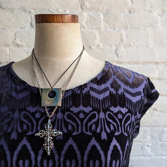 Y2K Blue Velvet Top Psychedelic Burnout Tee Knit Crop Top Dark Romance Medium - Picture 2 of 6